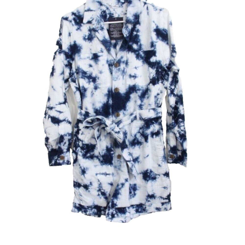Gap Women Tie Dye Romper NEW sz 0 Linen Blend Long Sleeves Belt Button Front